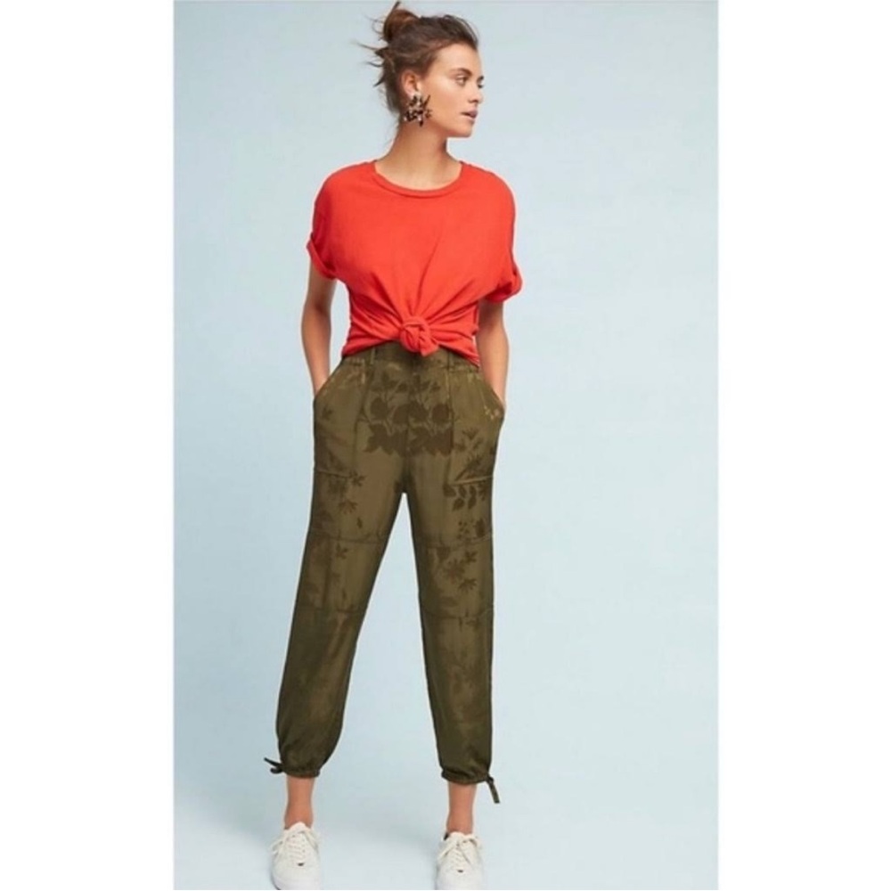 Anthropologie Satin Floral Jacquard Joggers Olive Green XS $118